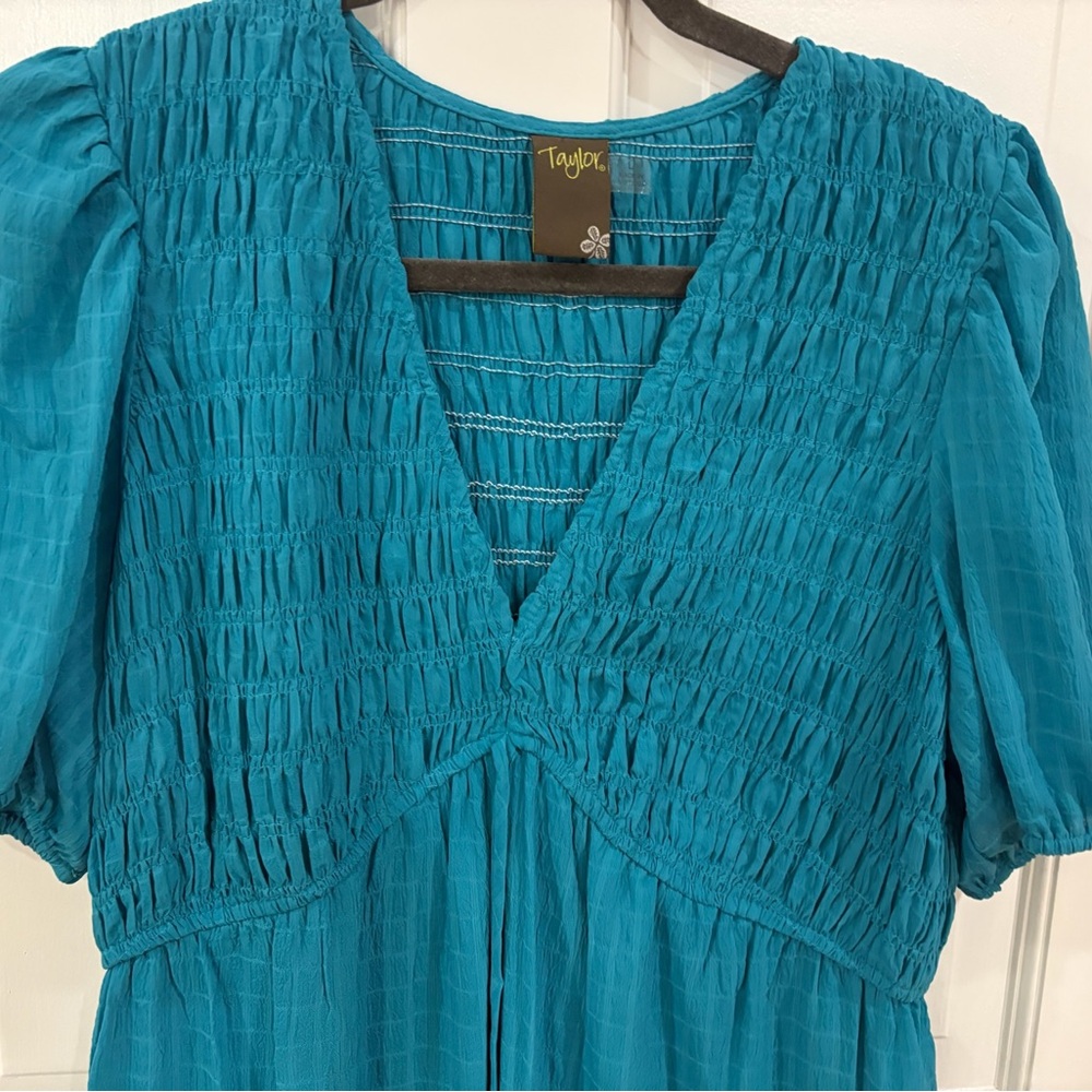 Taylor Teal Smocked V-Neck Maxi Dress with Puff Sleeves - Picture 4 of 5